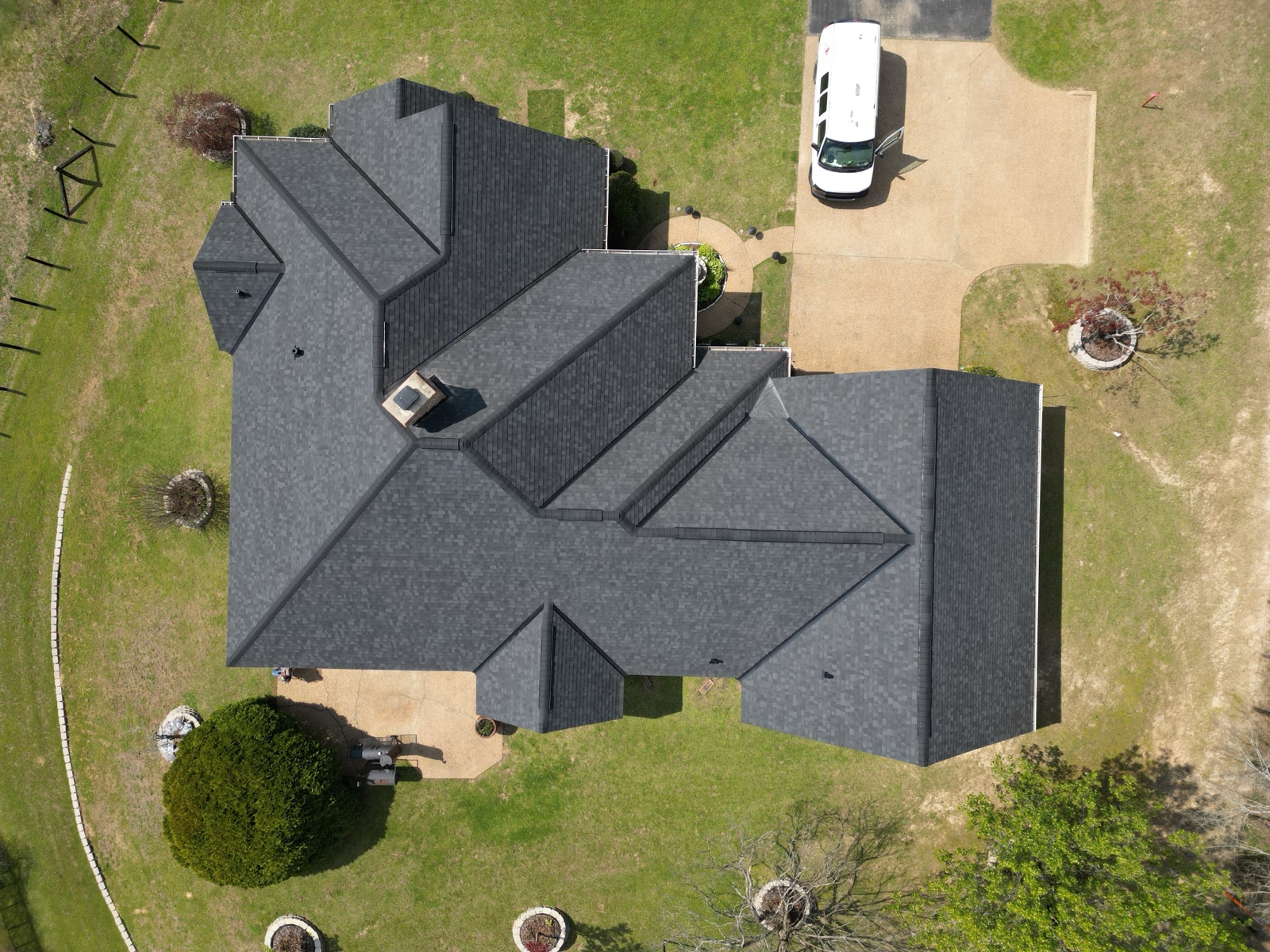 Completed residential roof replacement photographed by drone